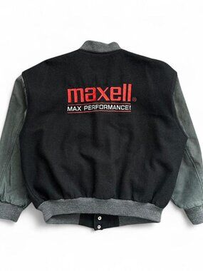 Vintage 90s Maxell Varsity Bomber Jacket Two Tone Wool Blend Embroidered Black